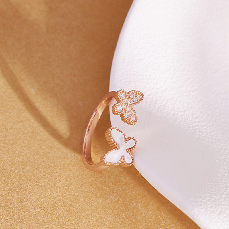 Butterfly ring side angle with mother-of-pearl and stones
