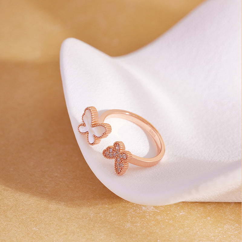 Adjustable open butterfly ring shown from reverse angle