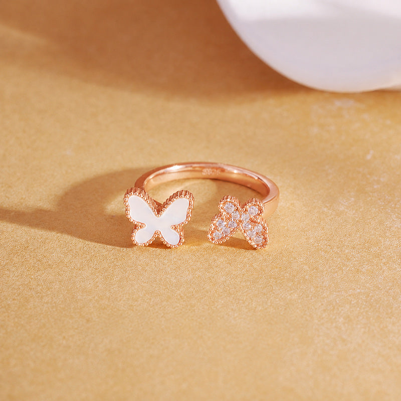 Mother-of-pearl and cubic zirconia butterfly ring front view
