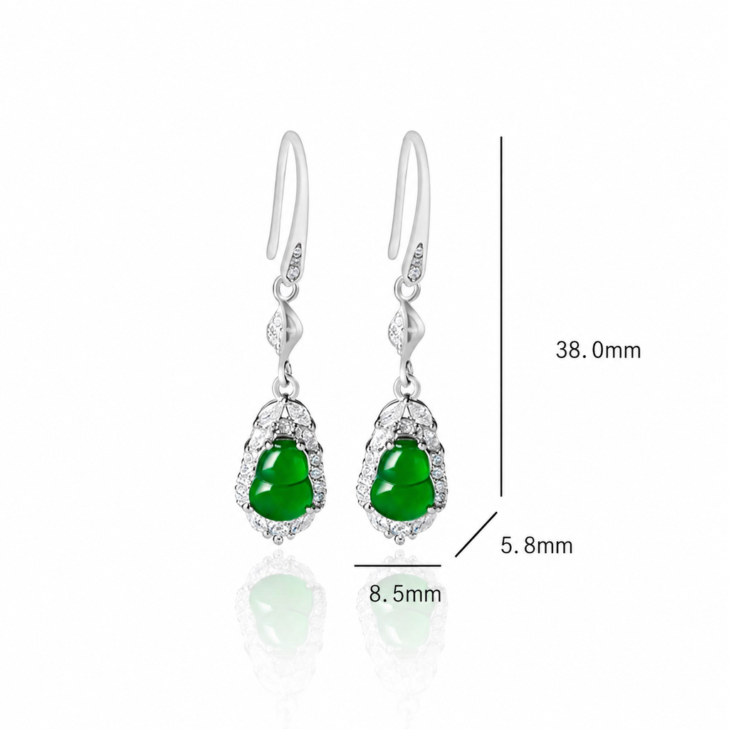 Green jade Wulu drop earrings with 38 mm length and sparkling crystal settings