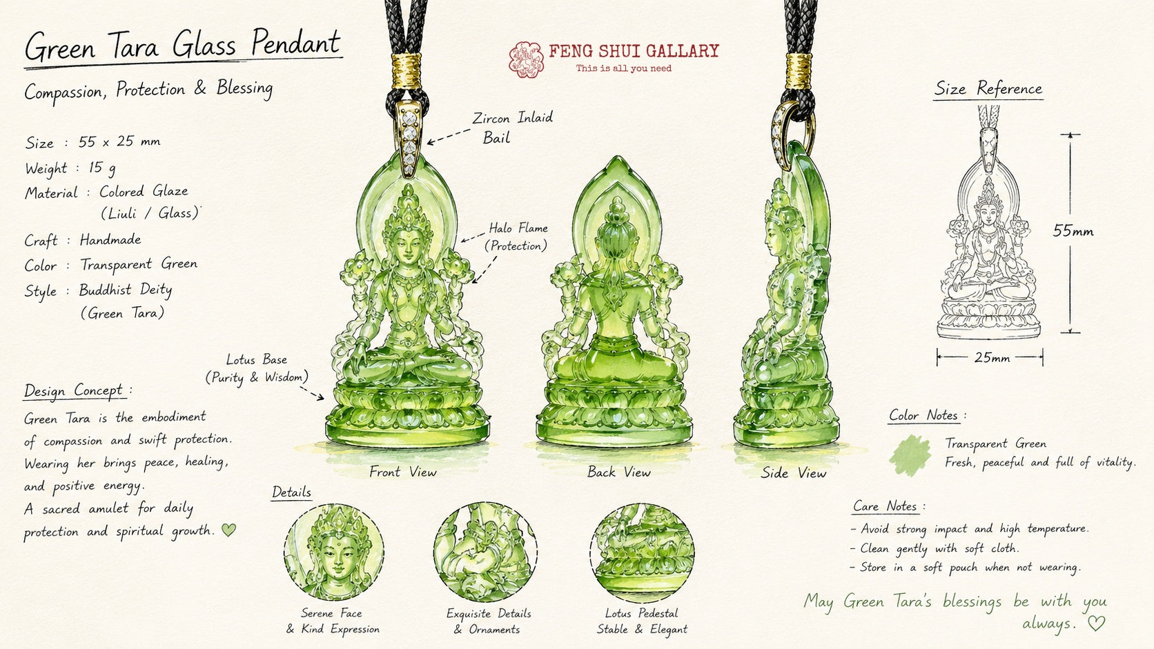 Green Tara Glaze Pendant – Protection, Compassion & Positive Energy