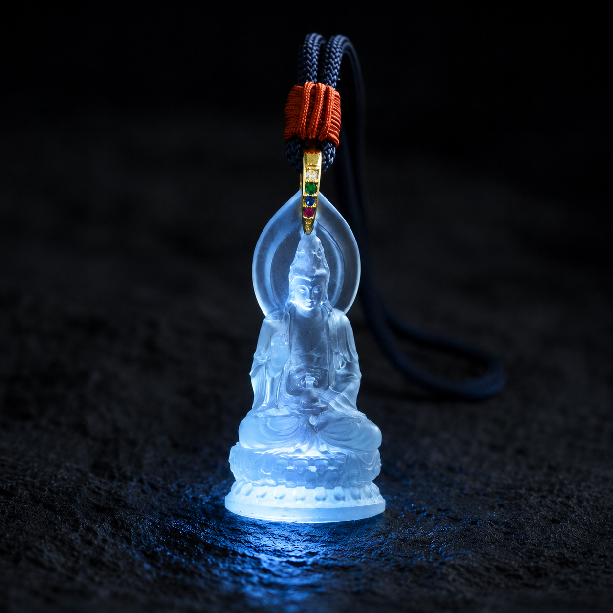 The Serene Listener: Handcrafted Translucent Liuli Seated Guanyin Amulet