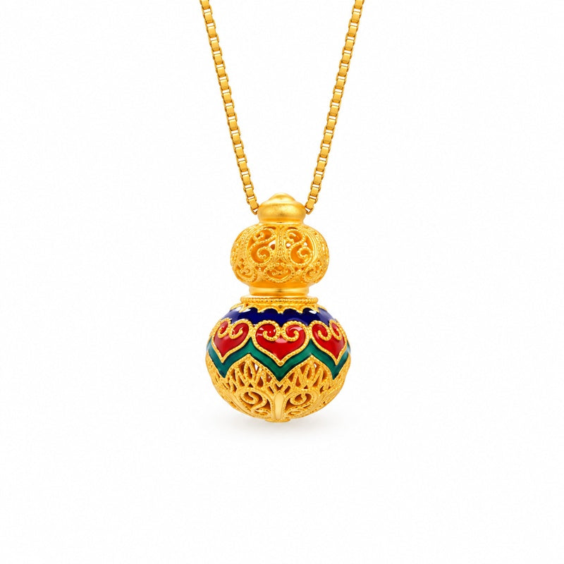 Heart gourd necklace showing red hearts and gold filigree on white