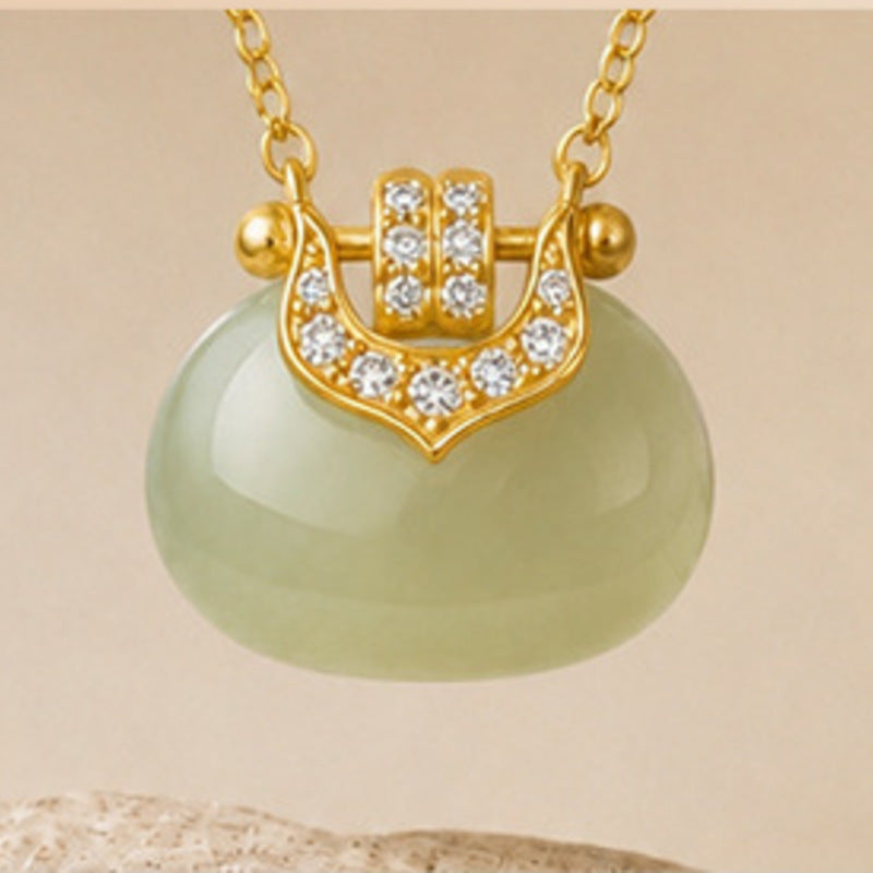 Full-background front detail of Hetian jade blessing pouch pendant