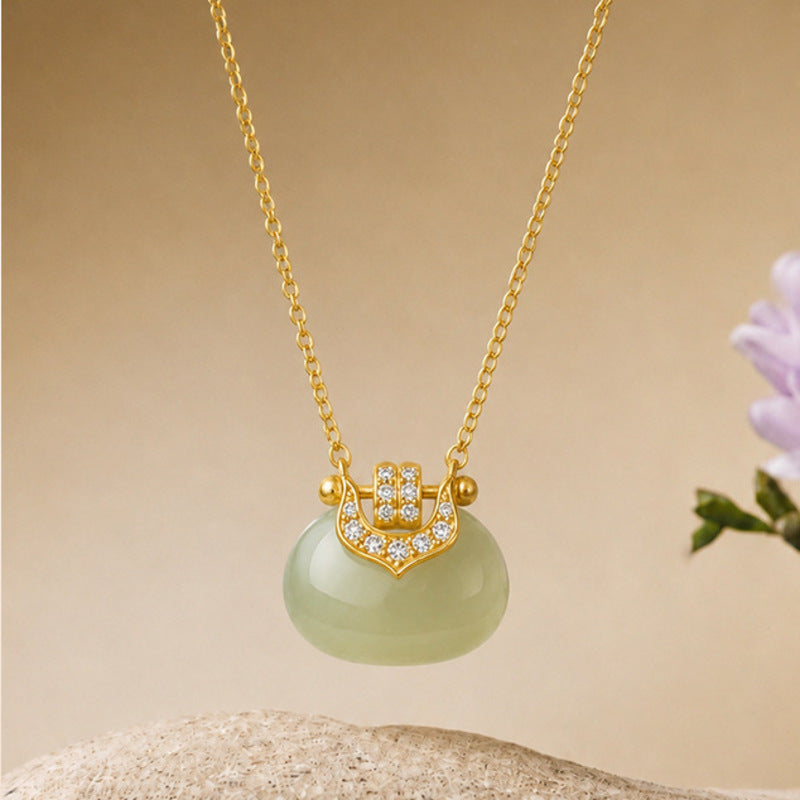 Full-background view of Hetian jade blessing pouch necklace