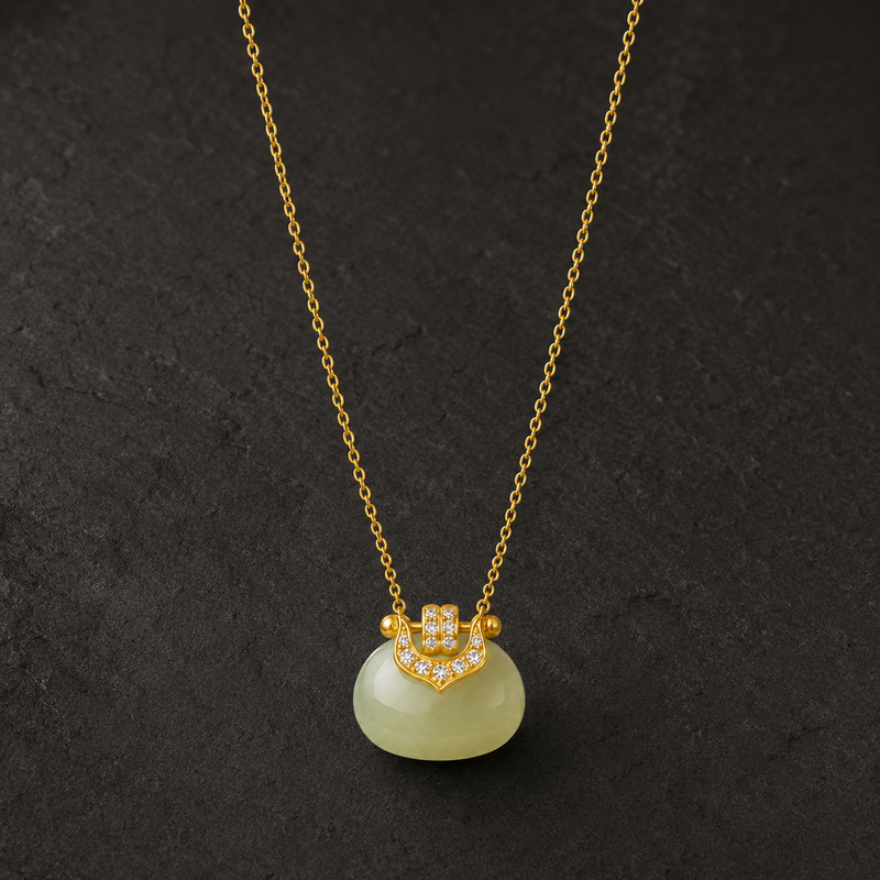 Hetian jade blessing pouch necklace on dark background