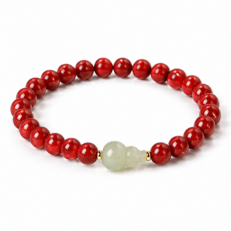 Hetian jade gourd cinnabar bracelet on white background