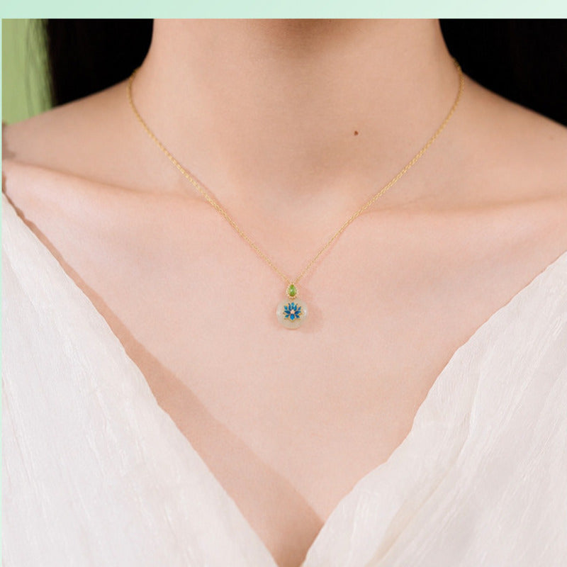 Model wearing the Hetian jade lotus peace buckle necklace