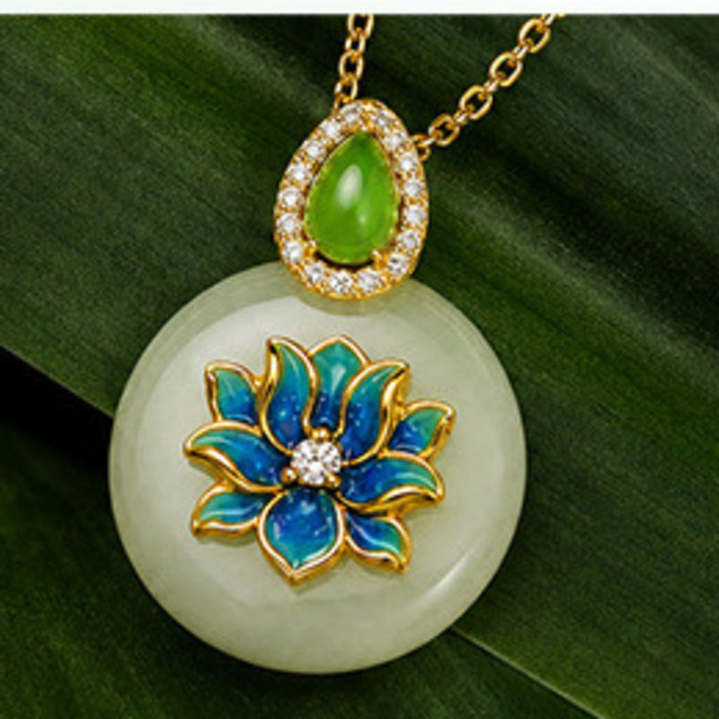 Centered angled view of the Hetian jade lotus peace buckle pendant