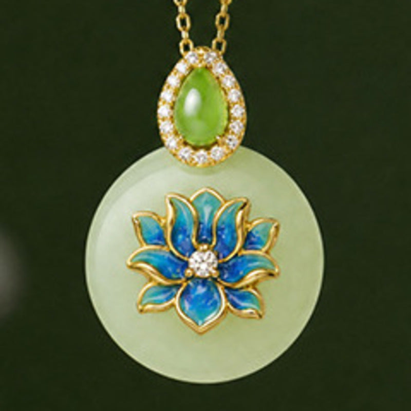 Centered close view of the Hetian jade lotus pendant and green chalcedony accent