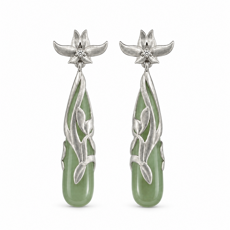 Hetian jade magnolia drop earrings pair on white background