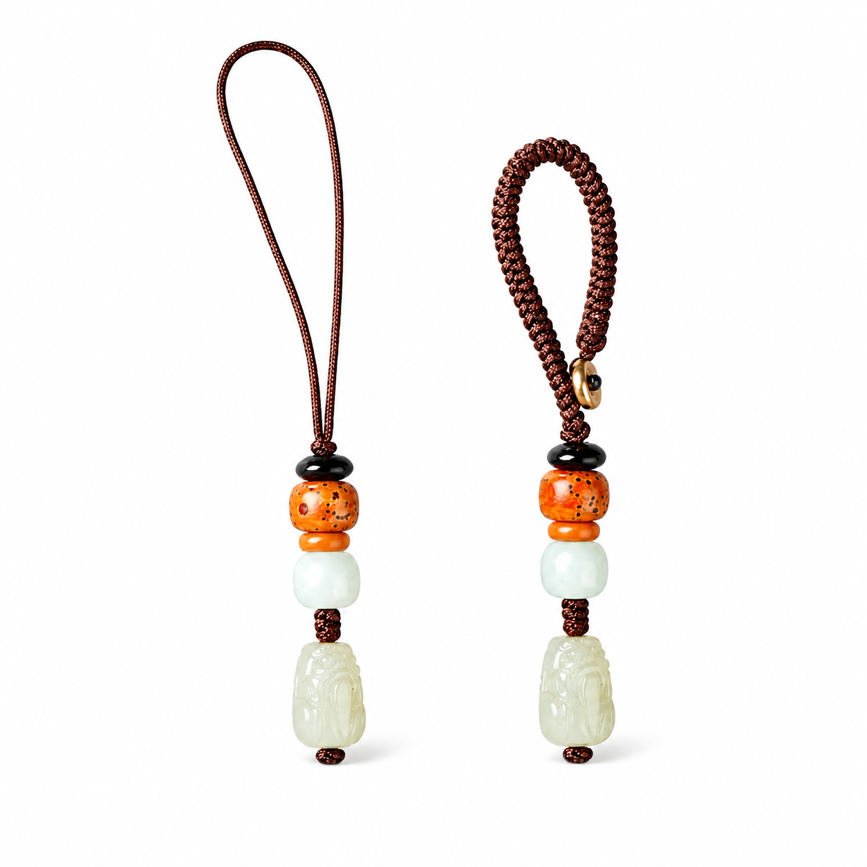 Hetian jade Pixiu phone and car key charms on white