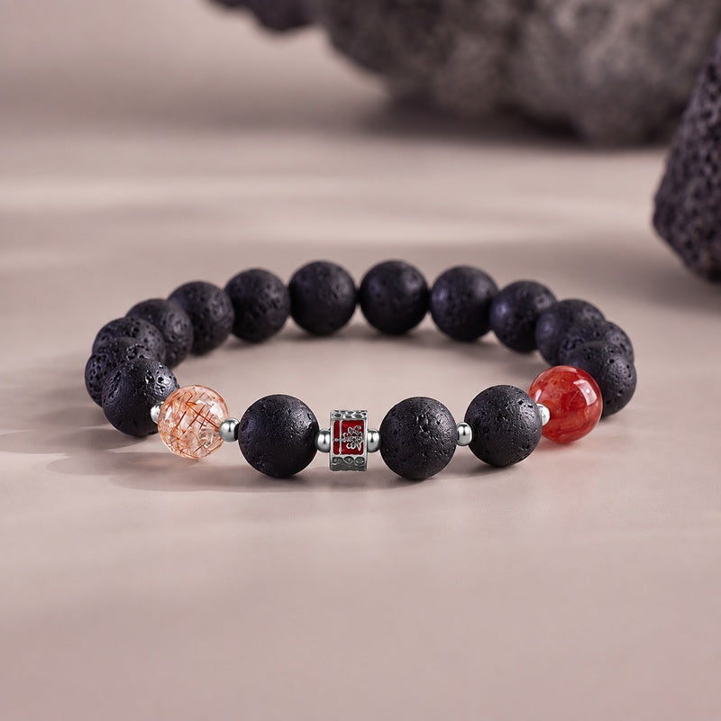 Lava stone and red inclusion quartz bracelet