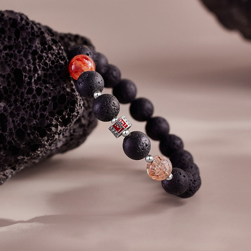 Lava stone and red inclusion quartz bracelet