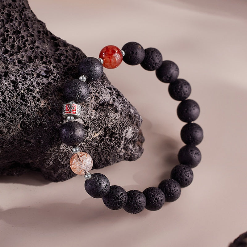 Lava stone and red inclusion quartz bracelet