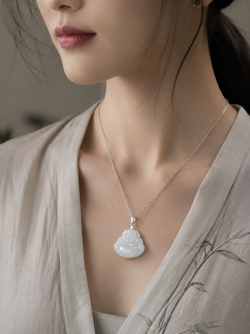 Joyful Serenity White Jade Laughing Buddha Pendant