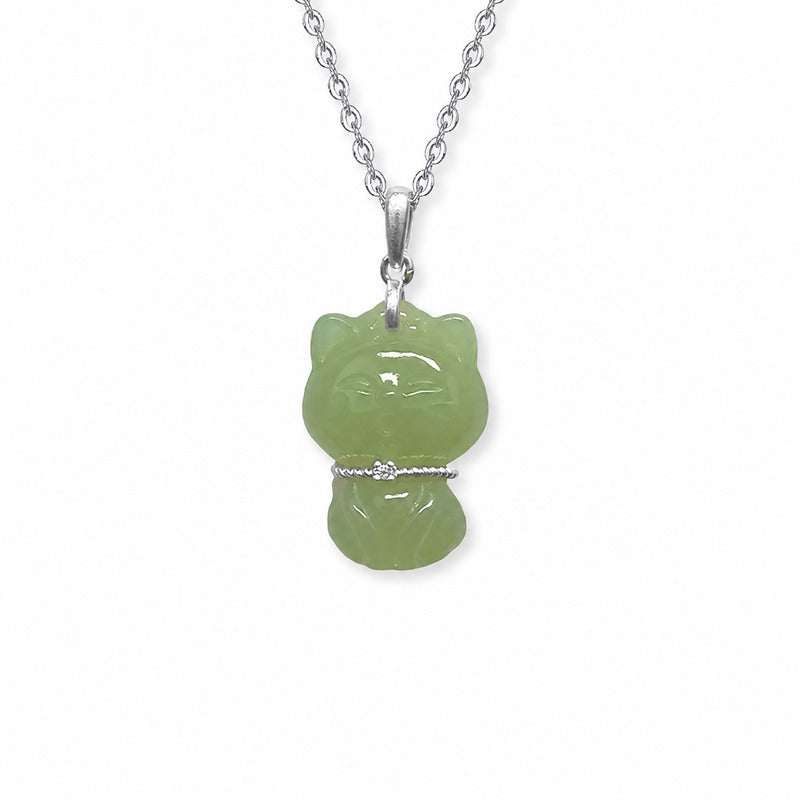 Nephrite jade lucky cat necklace on white background