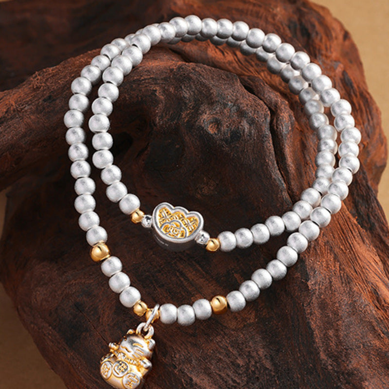 Full double-wrap silver bead bracelet with lucky cat charm