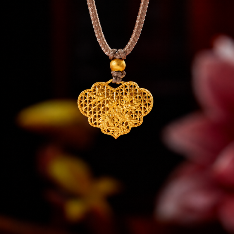 Magpie and plum filigree lock necklace hanging against a dark floral background