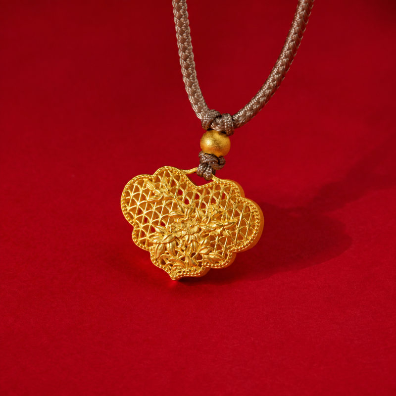Filigree lock pendant resting on a red background