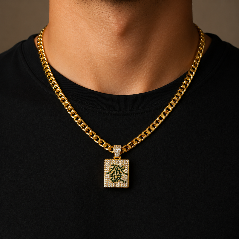 Male model wearing gold Mahjong tile Cuban chain necklace