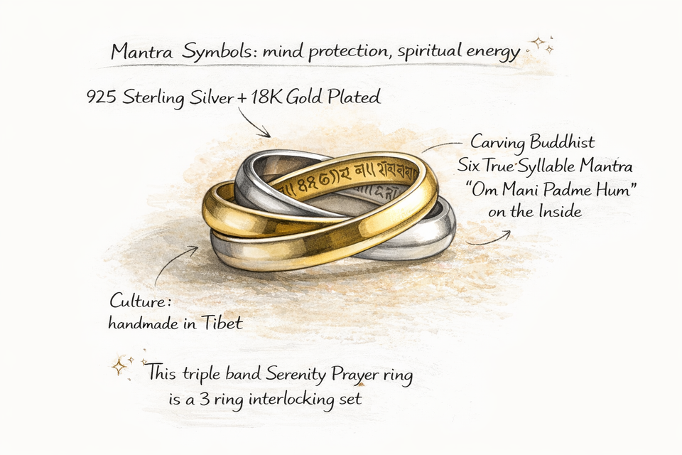 Triple Interlocked Buddhist Six Word Mantra Ring