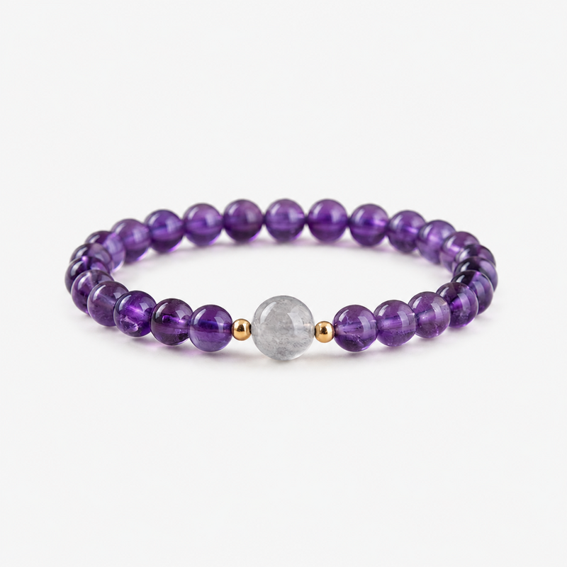 Moonstone and amethyst bracelet on white with soft shadow