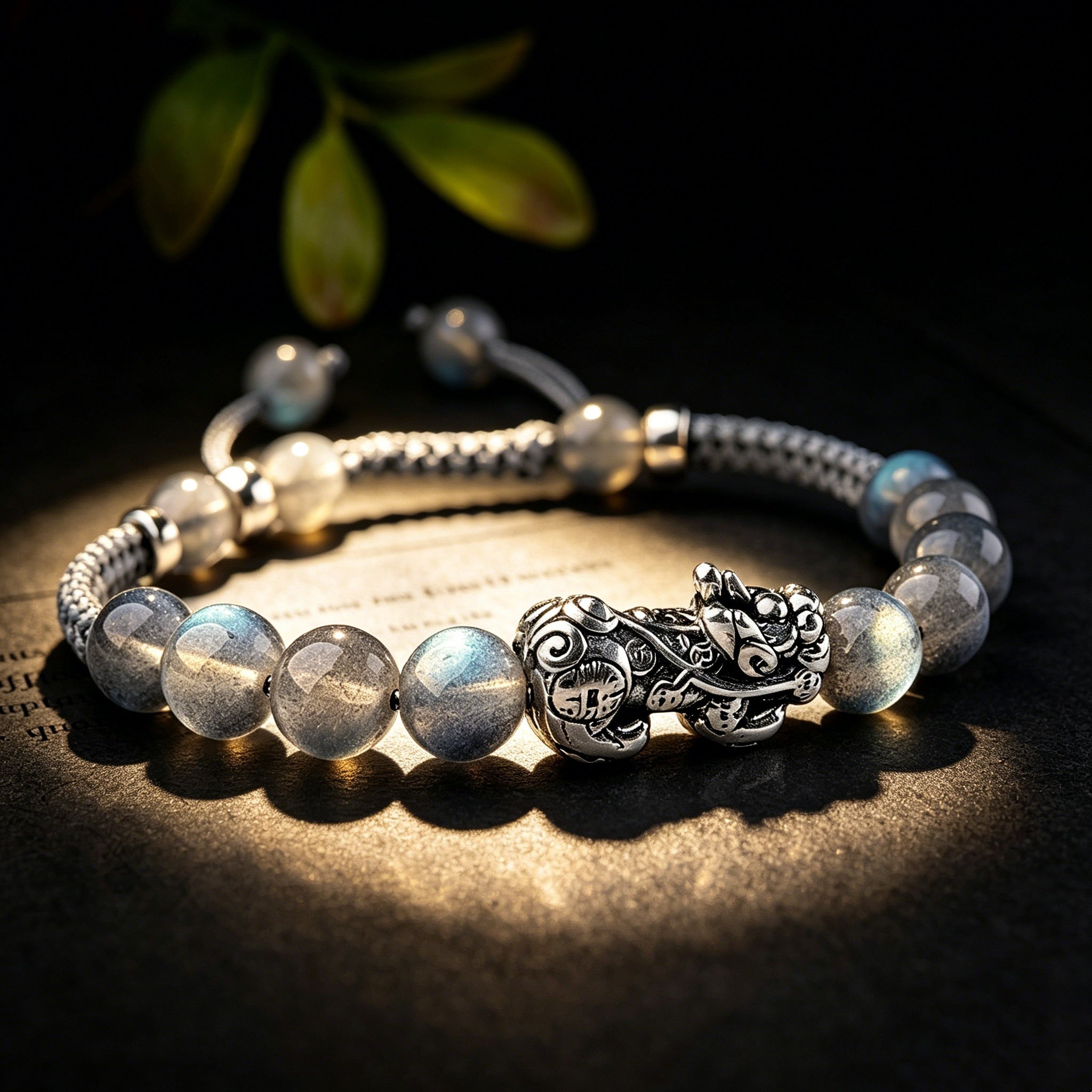 Natural Gray Moon Stone Bead Silver Pixiu Healing Bracelet