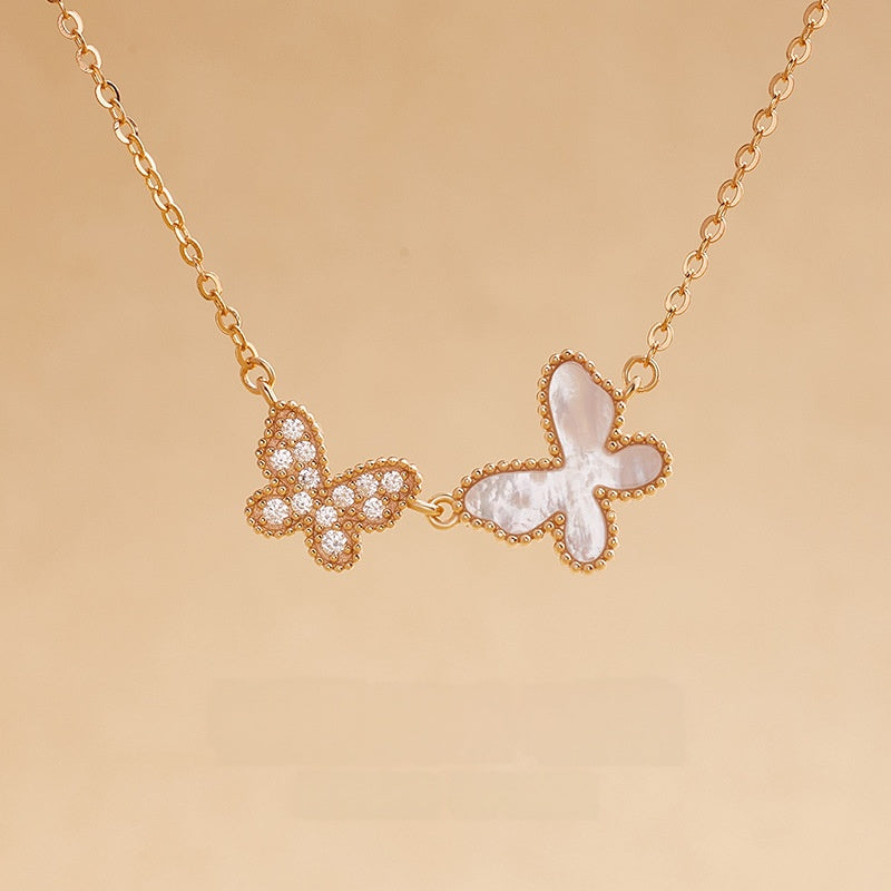 Mother-of-pearl double butterfly S925 silver necklace centered front view