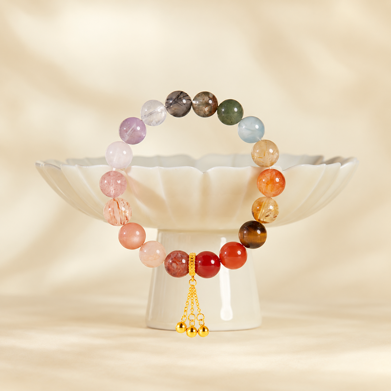 Multicolor beaded bracelet displayed on a cream pedestal