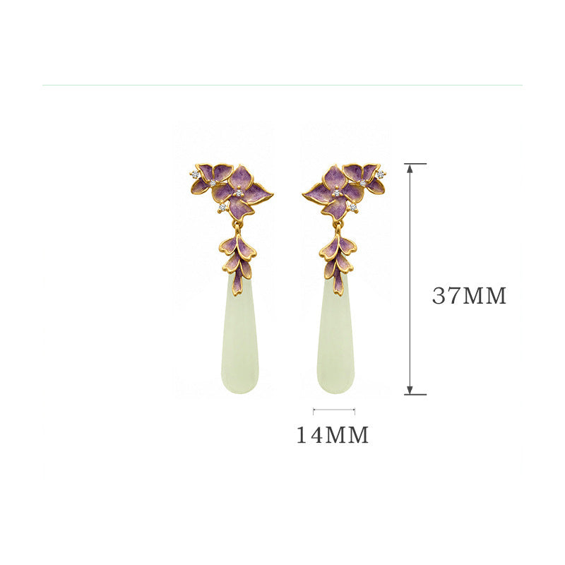 Natural jade iris earrings size 37 by 14 millimeters