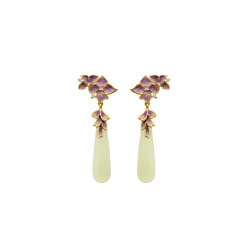 Natural jade iris earrings pair on white background
