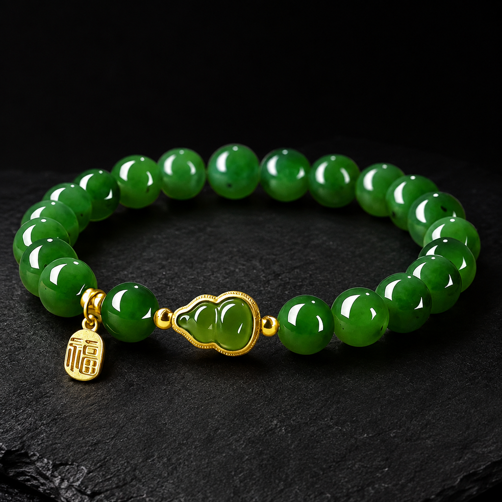 Bright green nephrite jade gourd bracelet on dark stone