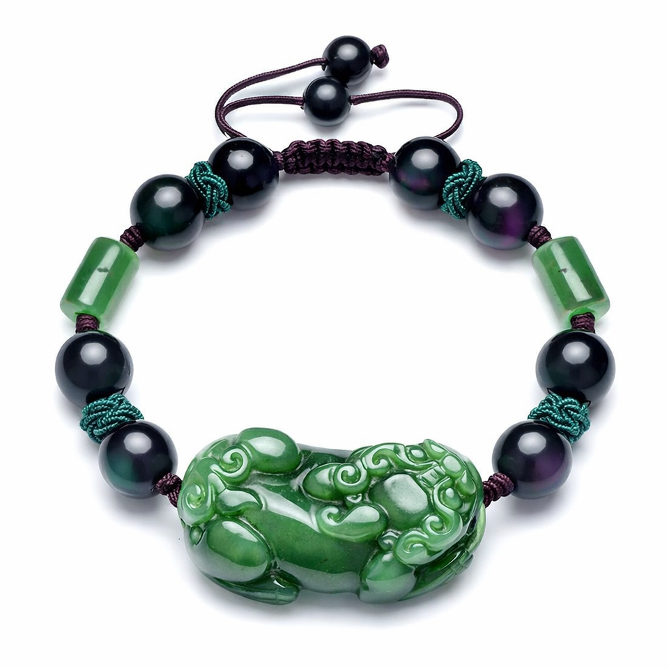Natural Green Jade Pixiu Black Obsidian Bead Rope Wealth Bracelet