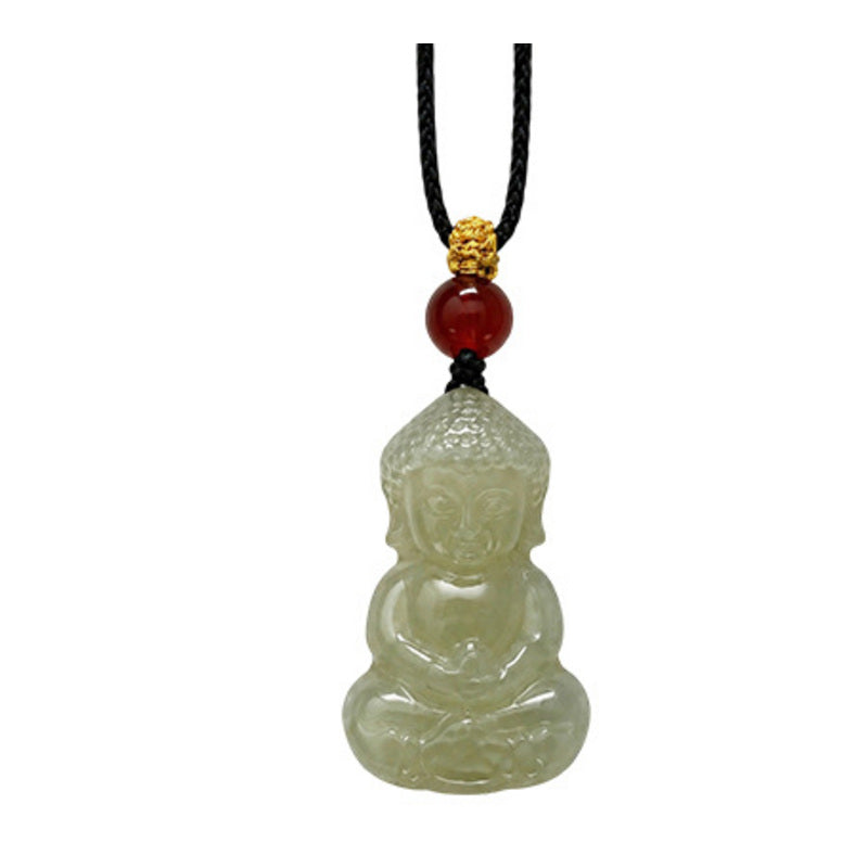 Nephrite jade Buddha pendant on a white background
