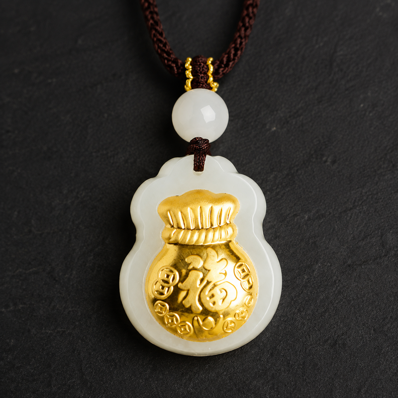 Nephrite jade fortune pouch necklace on dark slate