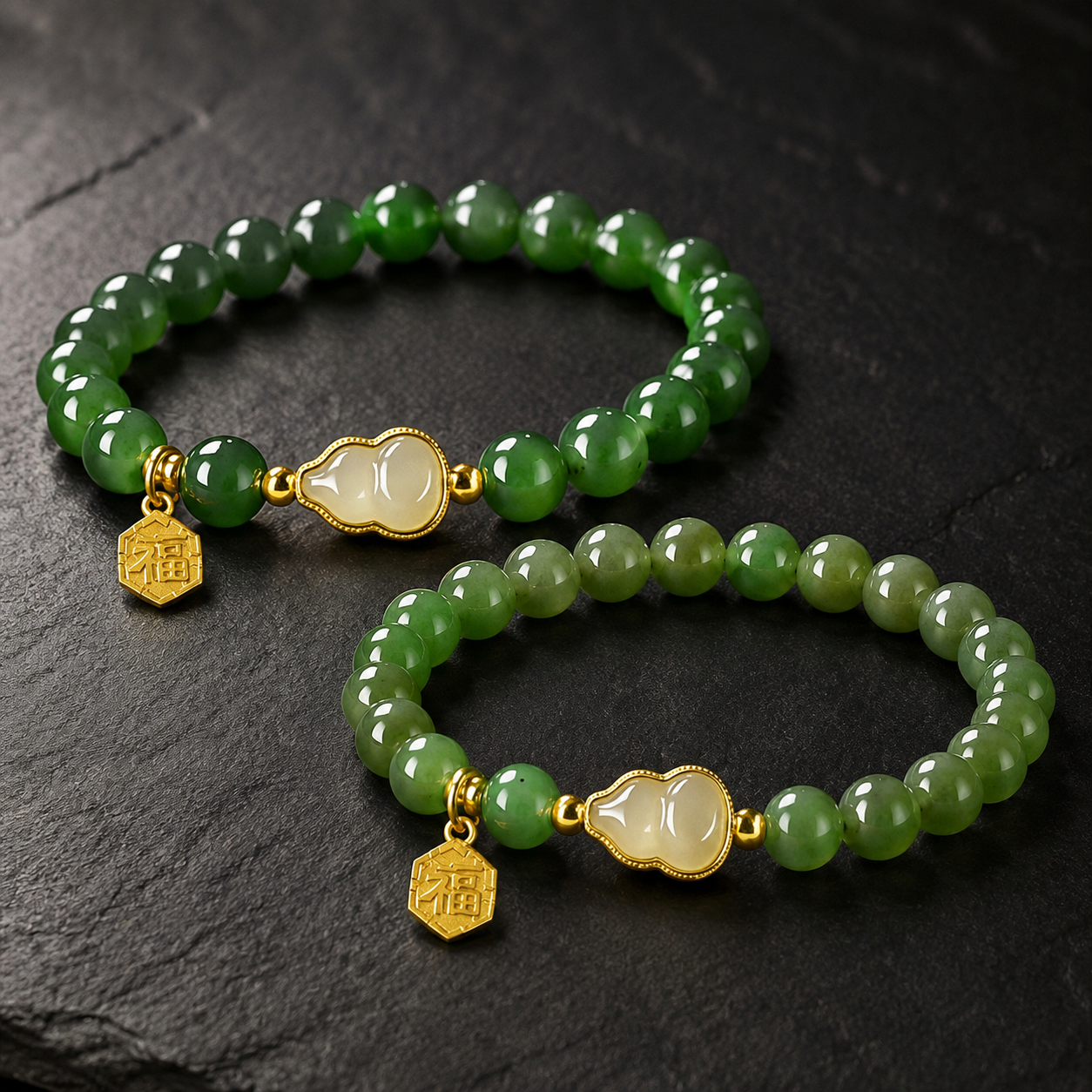 Bright and light green nephrite gourd bracelets together