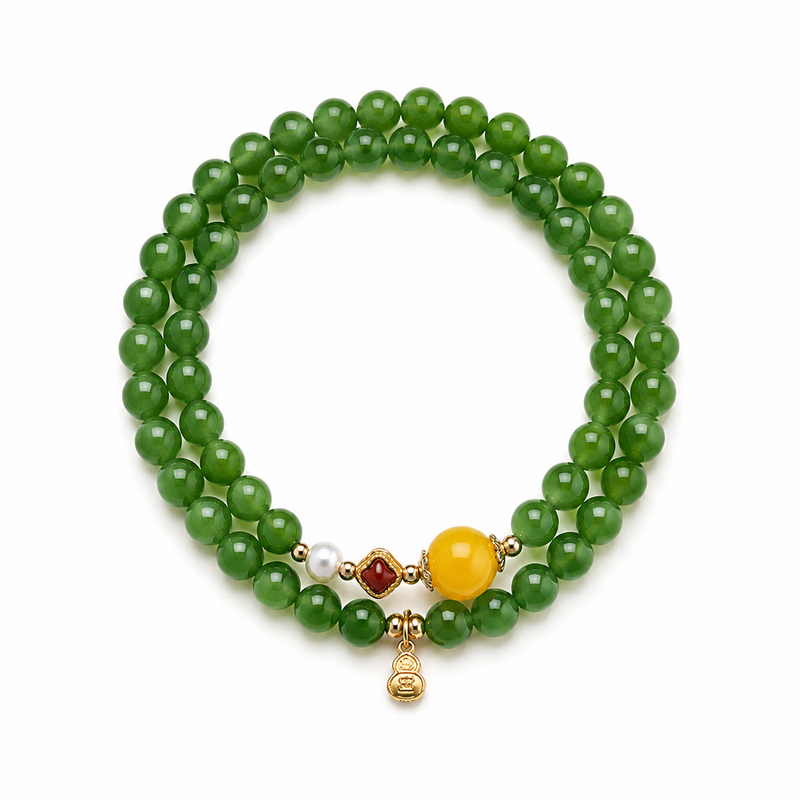 Nephrite jade gourd double-wrap bracelet on clean white background