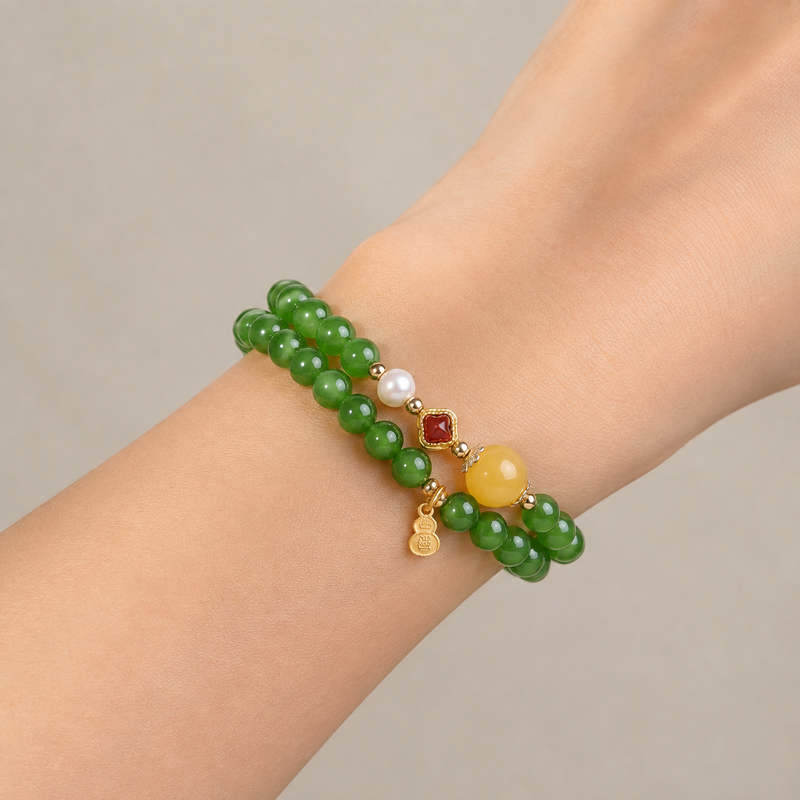 Nephrite jade double-wrap bracelet worn on a woman's wrist