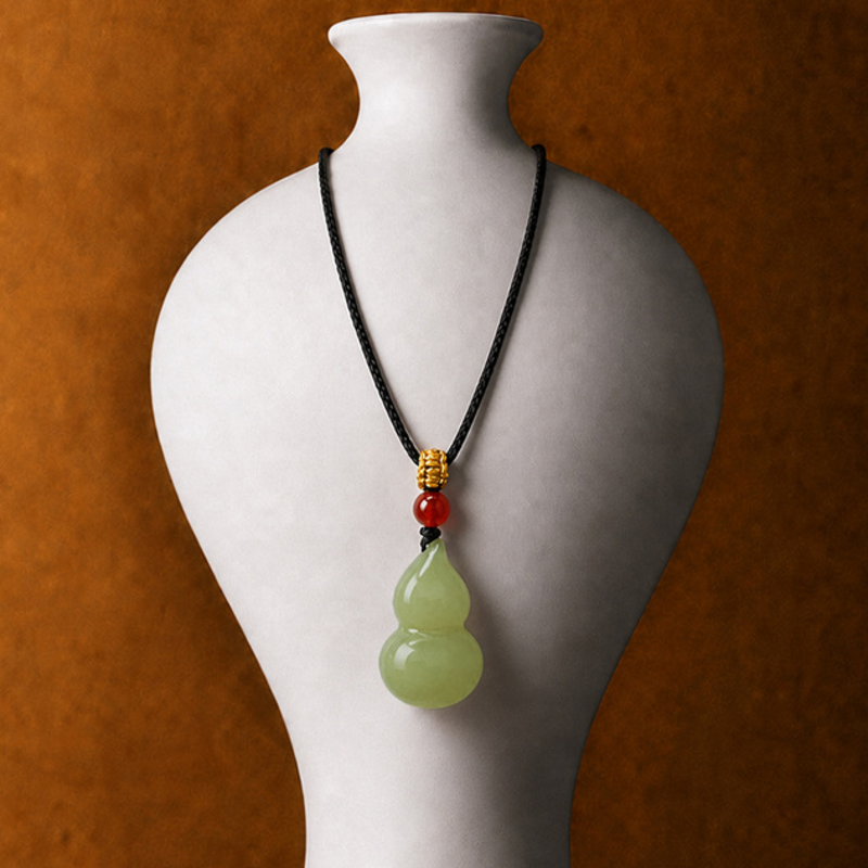 Nephrite jade gourd pendant on display bust
