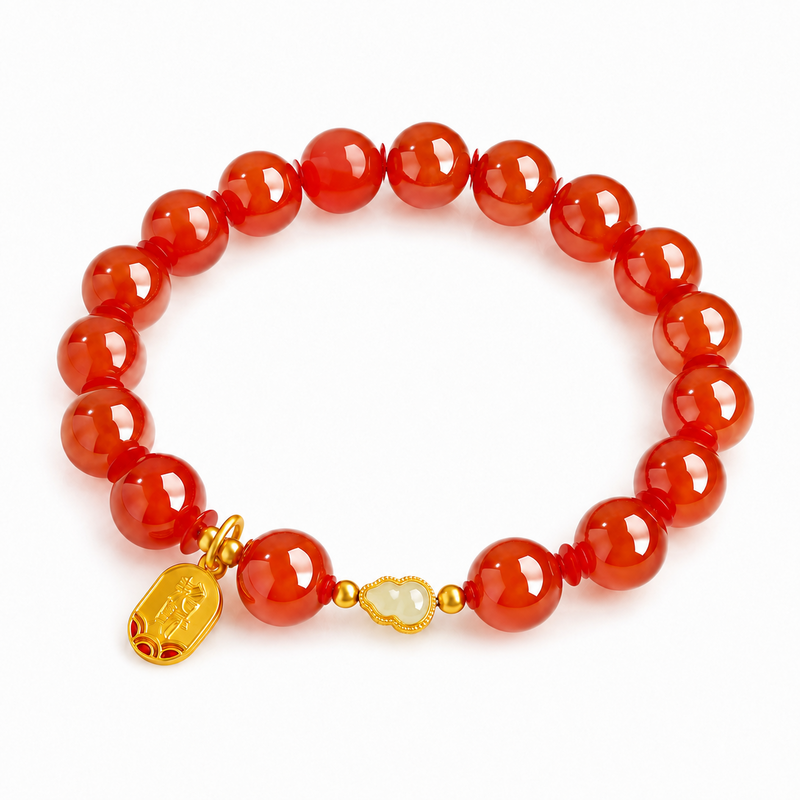 Nephrite jade gourd and red agate bracelet on white background