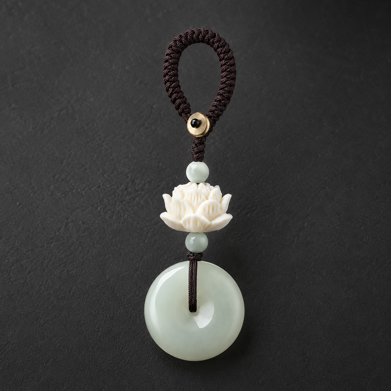 Nephrite jade lotus keychain on dark slate background