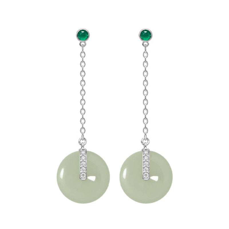 Nephrite jade peace buckle earrings on a white background