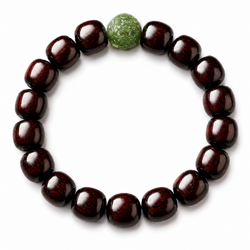 Nephrite jade Pixiu rosewood bracelet on white background
