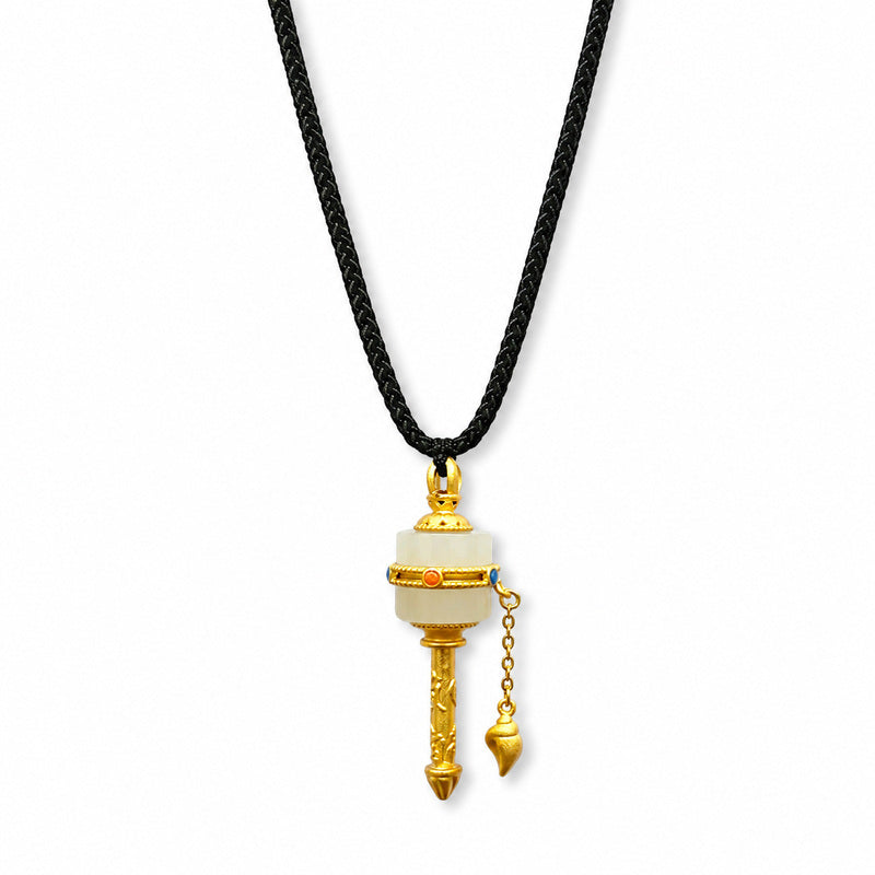 Nephrite Jade prayer wheel pendant on white background