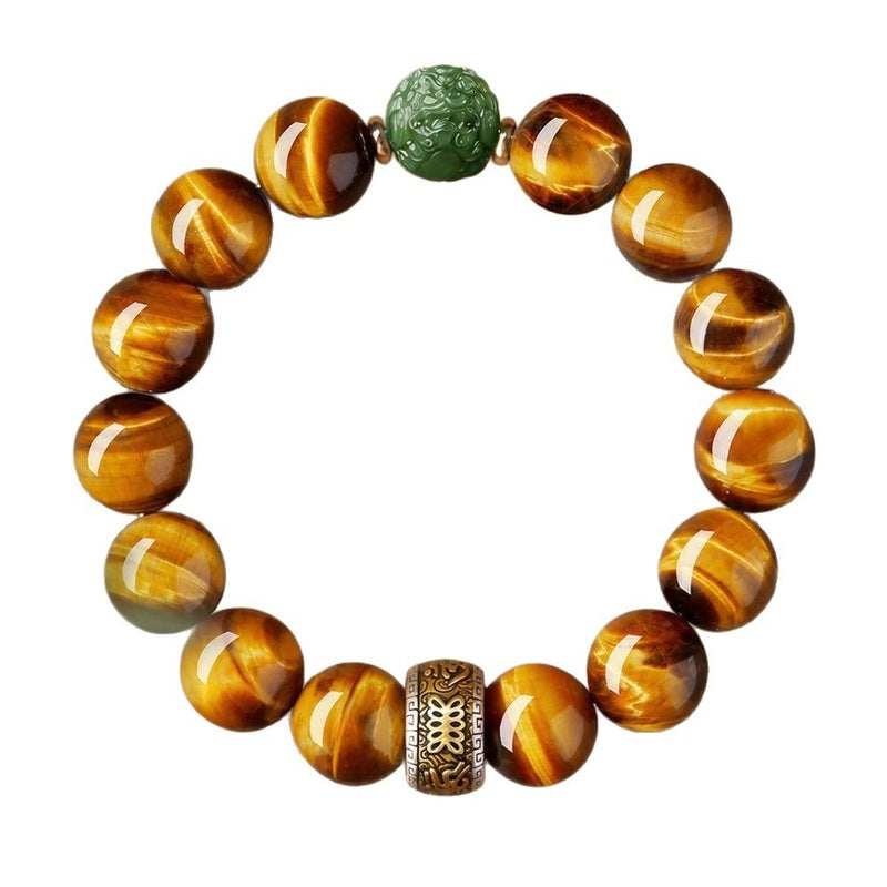 Yellow Tiger's Eye bracelet with green nephrite jade Pixiu