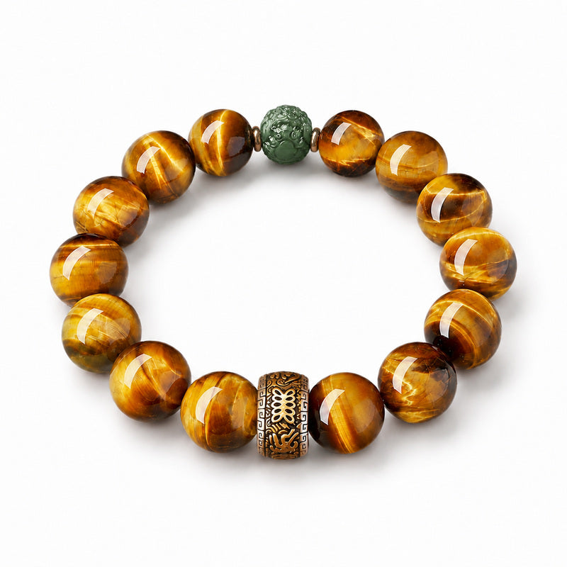 Nephrite jade Pixiu and yellow Tiger's Eye bracelet on white
