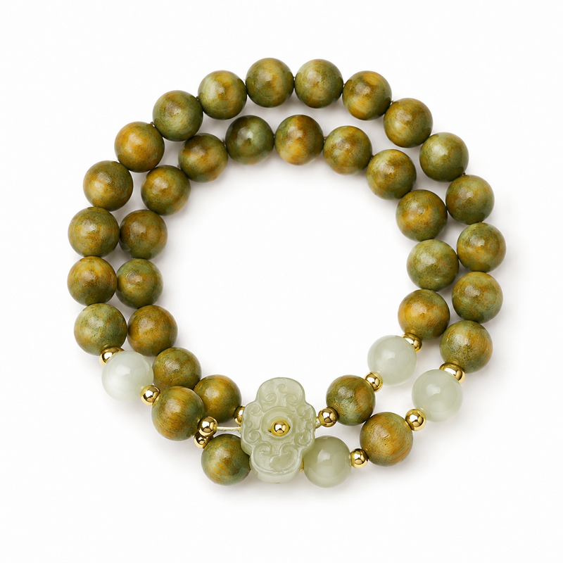 Nephrite jade Ruyi green sandalwood double-wrap bracelet overhead