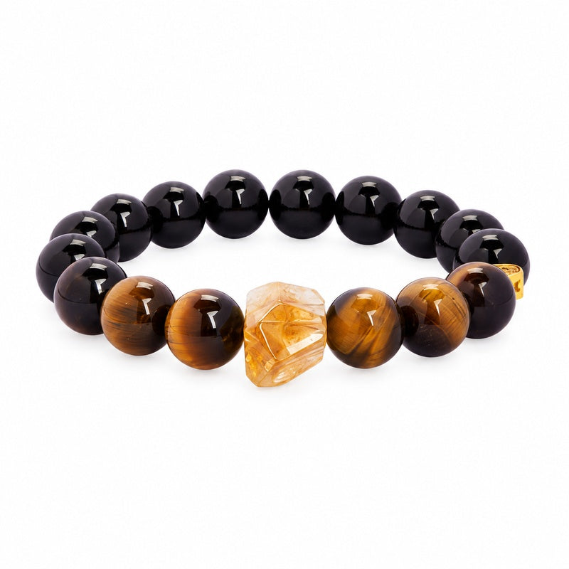 Complete obsidian and tiger eye bracelet displayed against a white background