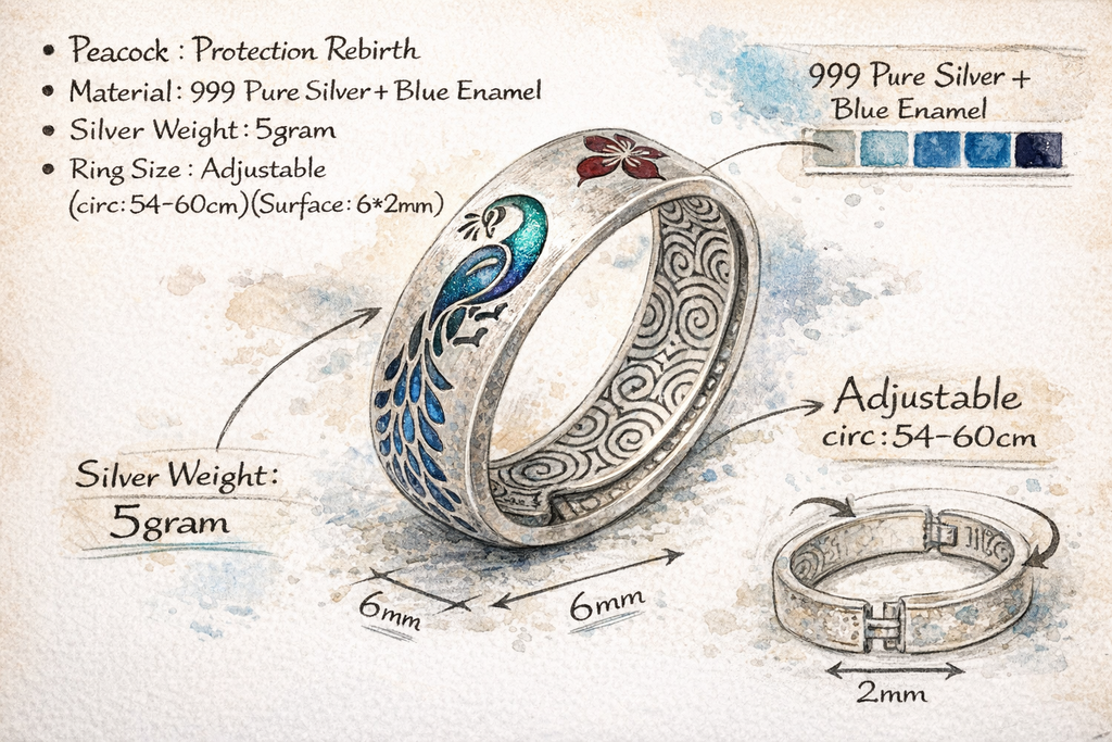 Peacoke Enamel Silver Ring-Protection Rebirth